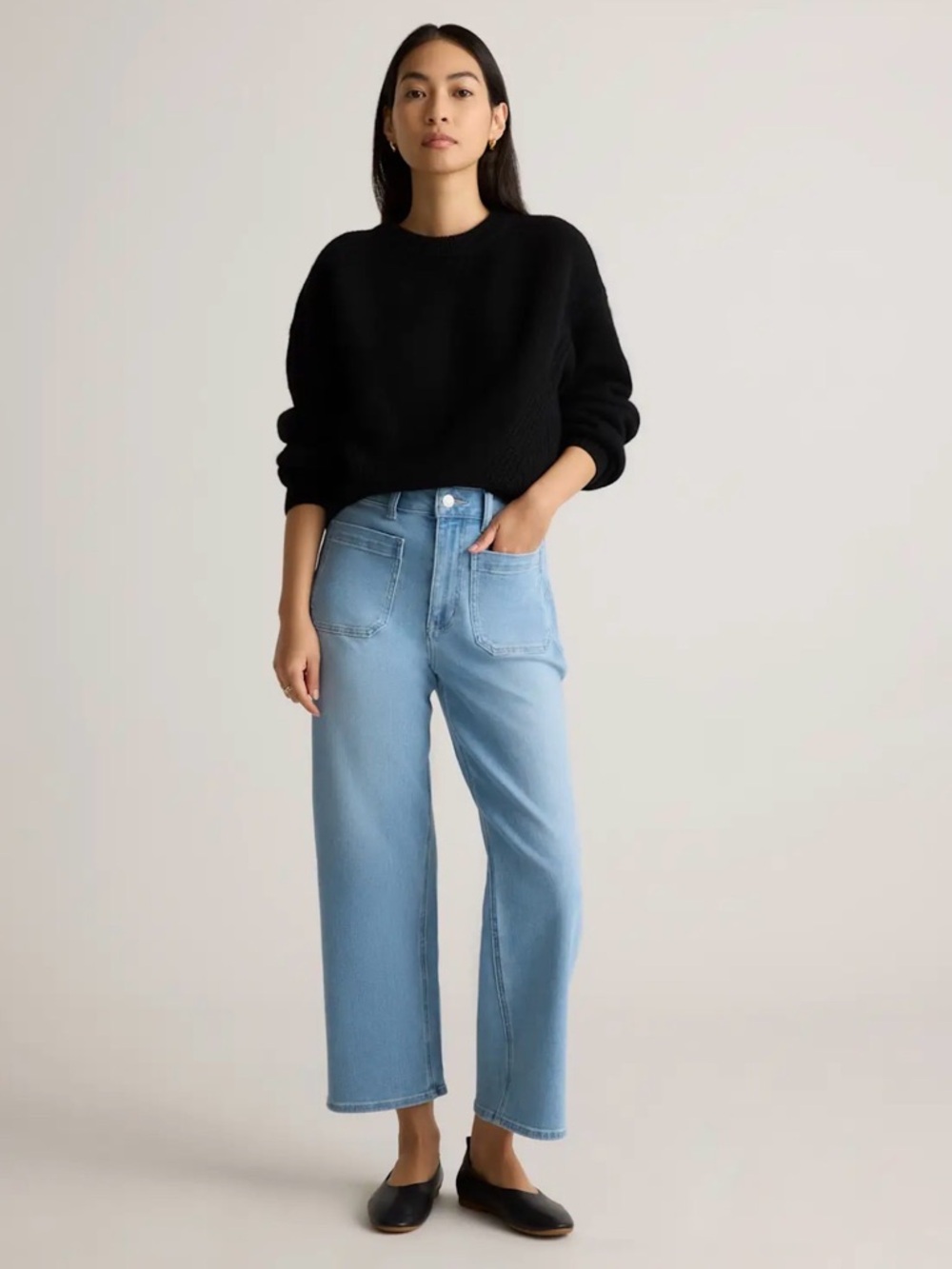 Quince Bella Stretch Patch Pocket Wide Leg Jeans 26"inseam Frosted Blue Size 28